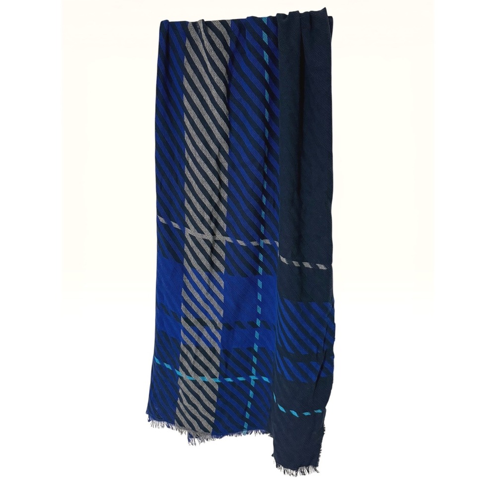 Eileen Fisher Blue Plaid Blanket Scarf Oversized Navy Fringe Wrap Shawl 80x28